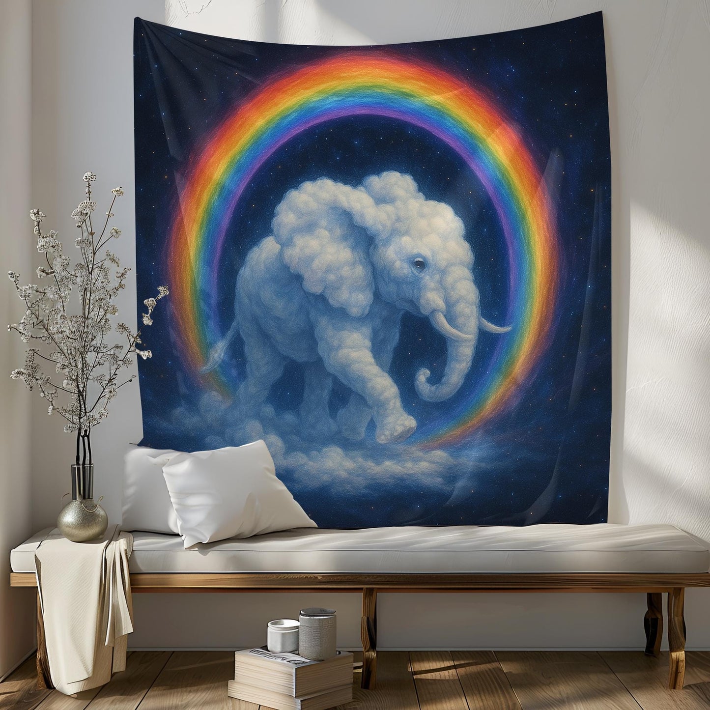 Rainbow Elephant Tapestry Wall Hanging, Dreamy Cloud Elephant Art For Kids Room Or Nursery, Whimsical Boho Decor Gift For Animal Lovers