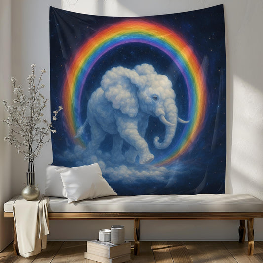 Rainbow Elephant Tapestry Wall Hanging, Dreamy Cloud Elephant Art For Kids Room Or Nursery, Whimsical Boho Decor Gift For Animal Lovers