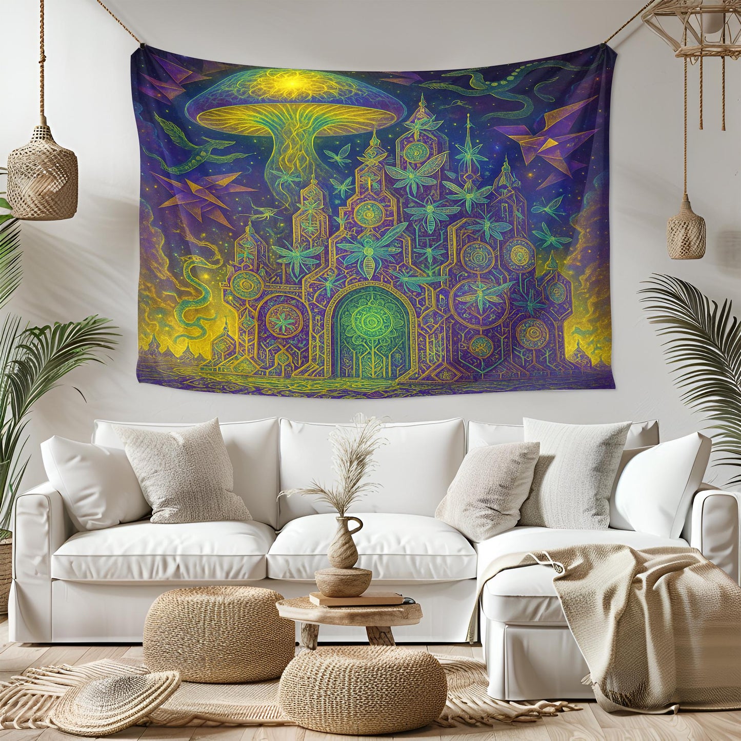 Psychedelic Tapestry – Trippy Alien Temple Wall Art, Geometric Space Decor, Vibrant Mushroom UFO Scene, Spiritual Boho Wall Hanging