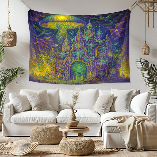 Psychedelic Tapestry – Trippy Alien Temple Wall Art, Geometric Space Decor, Vibrant Mushroom UFO Scene, Spiritual Boho Wall Hanging