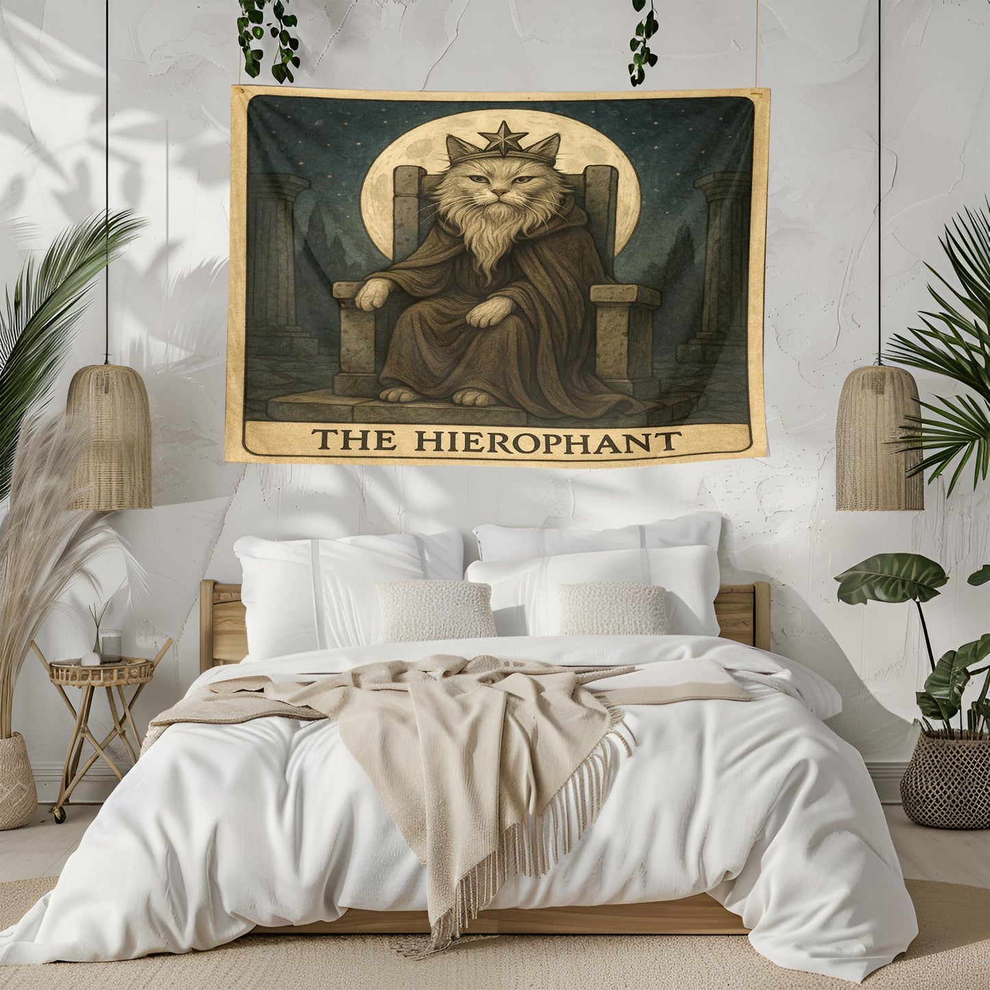 The Hierophant Cat Tapestry – Tarot Priest Cat Wall Art, Mystical Occult Decor, Gothic Spiritual Tapestry for Bedroom or Altar Space