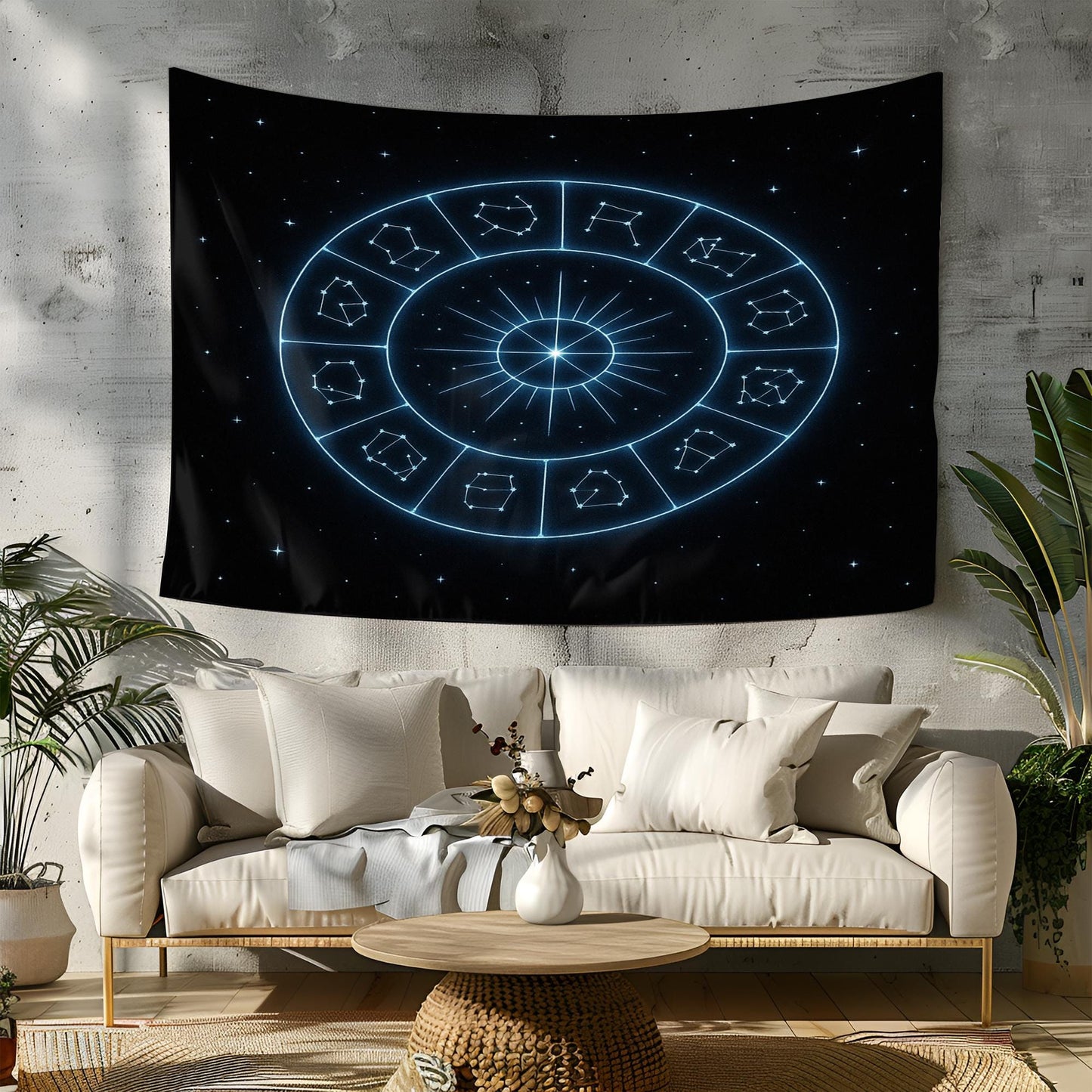 Zodiac Sign Constellation Wall Tapestry in Glowing Blue on Black – Celestial Astrology Decor for Bedroom, Meditation or Dorm Room Style