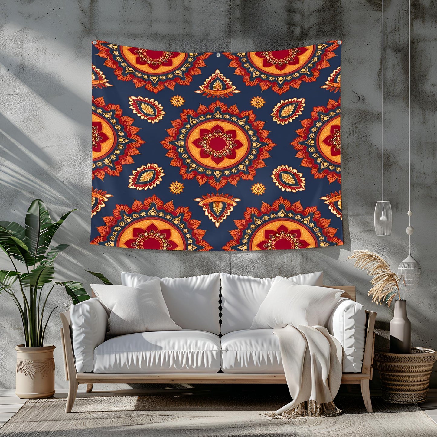 Seamless Indian Mandala Pattern Tapestry, Deep Red Orange Gold Symmetrical Design on Dark Blue, Traditional Boho Decorative Wall Art