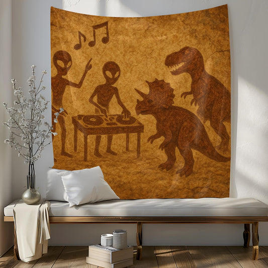 Alien DJ Dinosaur Party Tapestry, Funny Wall Art With UFO Music Scene, Prehistoric Club Decor, Unique Gift For Sci Fi And Dino Lovers