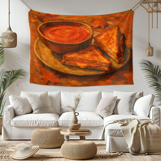 Grilled Cheese and Tomato Soup Wall Tapestry, Cozy Comfort Food Art Print with Autumn Leaves, Warm Kitchen or Dining Room Decor Piece