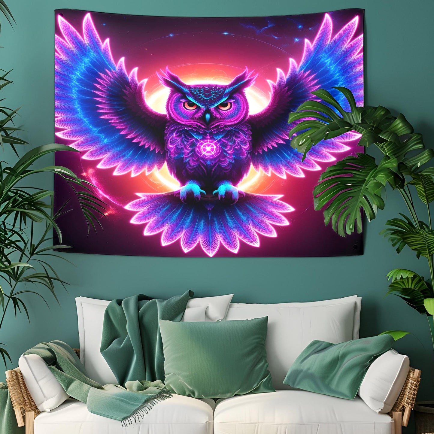 Neon Cosmic Owl Tapestry, Glowing Fractal Feathers & Hypnotic Eyes, Psychedelic Mystic Wall Art, Vibrant Light Trails Decor, Trippy Decor