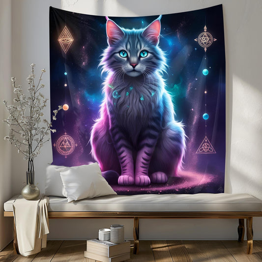 Mystical Three-Eyed Cat Tapestry, Neon Glowing Fur Art, Sacred Symbols & Cosmic Dreamscape, Trippy Psychedelic Decor , Cat Psychedelic