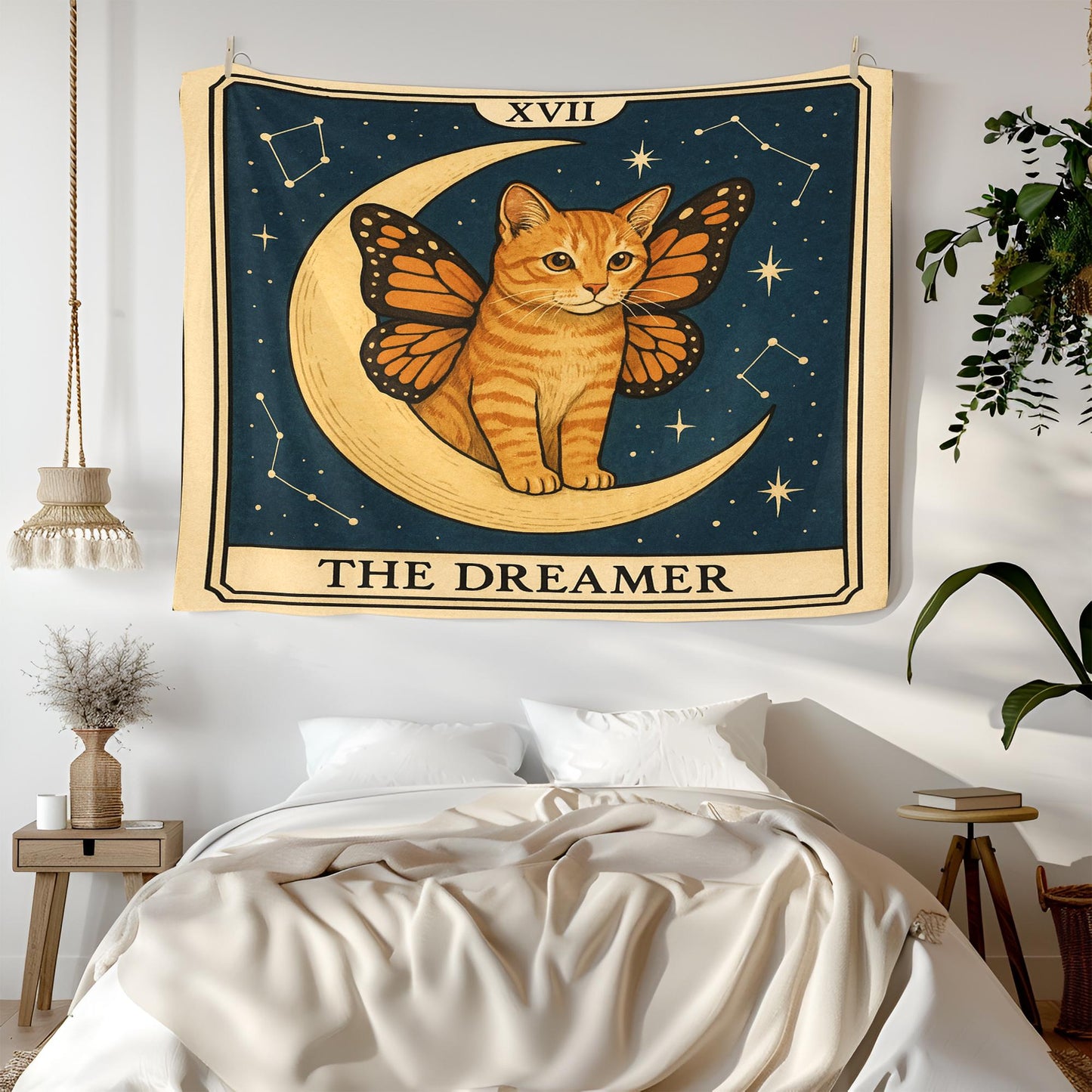 The Dreamer Cat Tapestry – Celestial Cat Wall Art, Butterfly Wing Cat Decor, Magical Tarot-Inspired Tapestry for Boho or Bedroom Walls