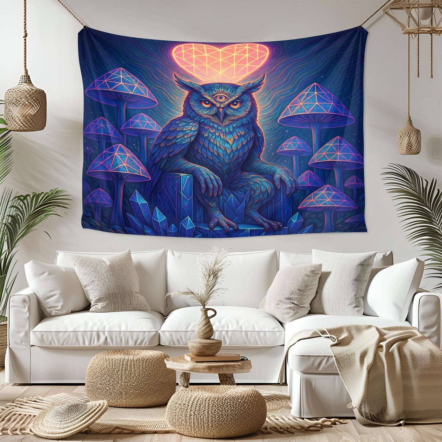 Psychedelic Owl Tapestry – Third Eye Forest Wall Art, Trippy Mushroom Decor, Visionary Crystal Owl Print, Geometric Heart Scene