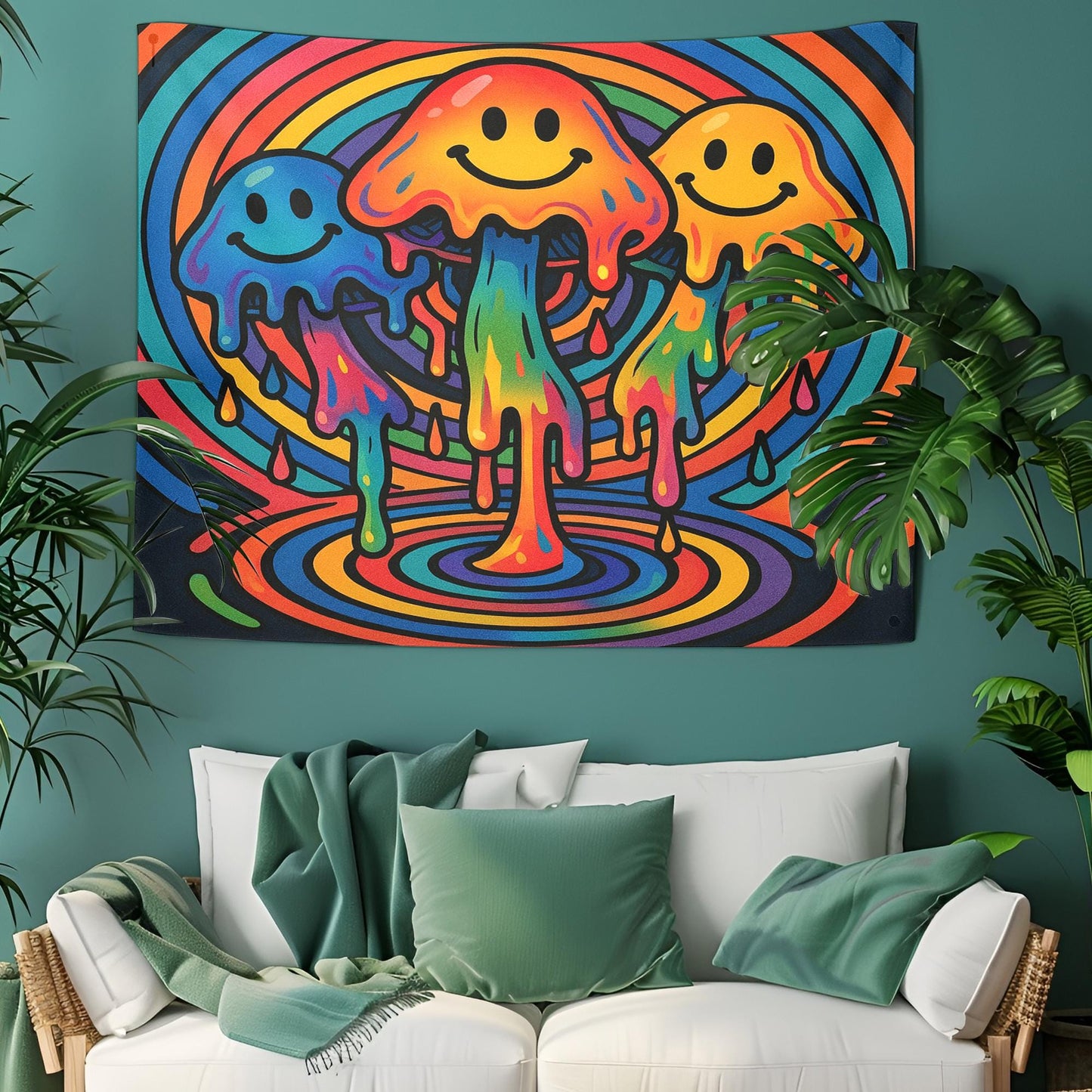 Psychedelic Mushroom Tapestry Wall Art, Trippy Smiley Face Drip Decor For Dorm Or Game Room, Vibrant Boho Gift For Friends Or Teens