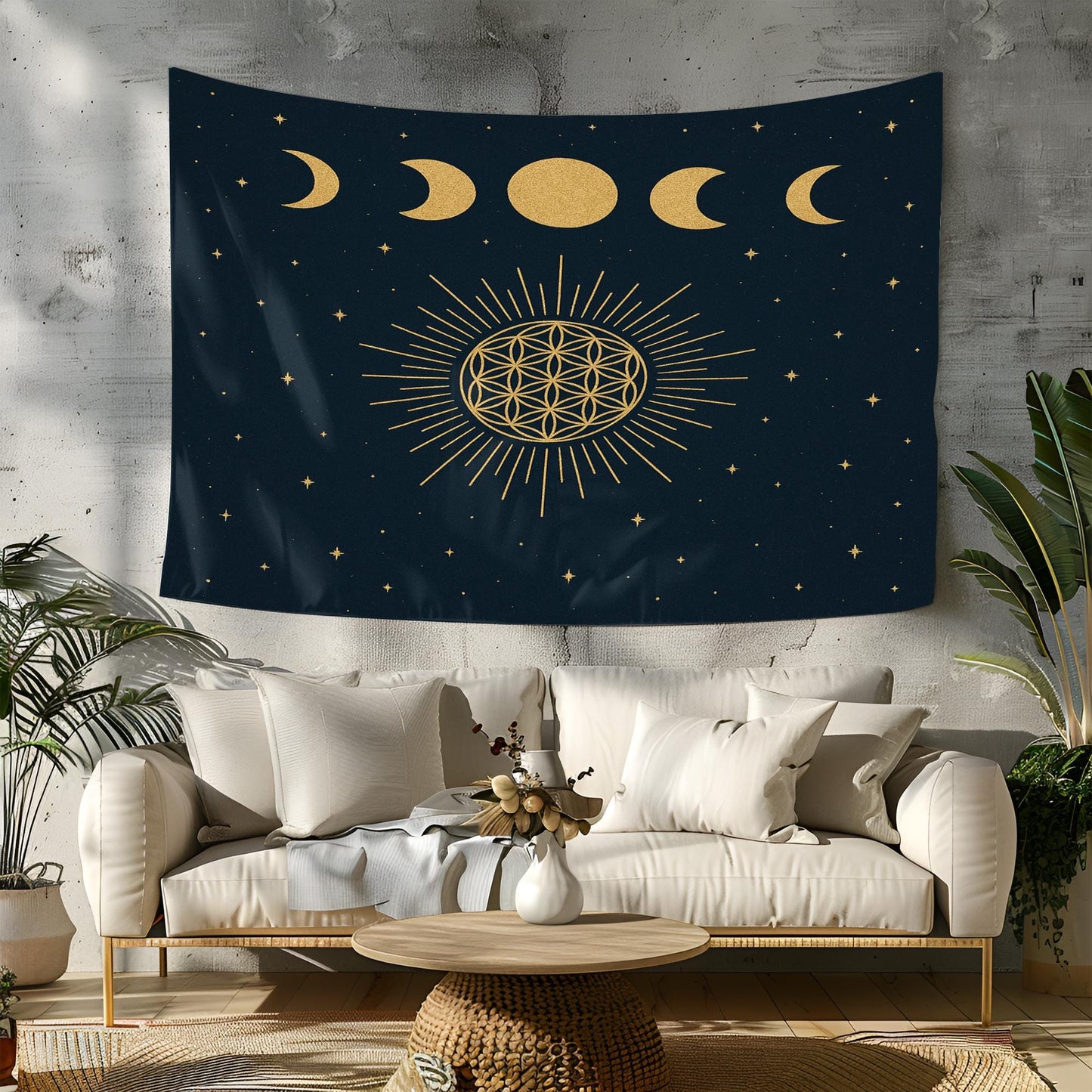 Celestial Moon Phase Wall Tapestry with Sacred Geometry and Stars in Gold on Black – Boho Spiritual Decor for Bedroom Yoga or Meditation