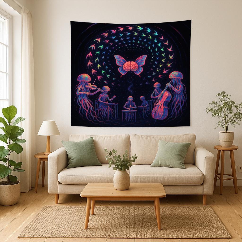 Psychedelic Music Tapestry – Jellyfish Orchestra Wall Art, Brain Butterfly Decor, Trippy Band Scene, Surreal Music Lover Gift