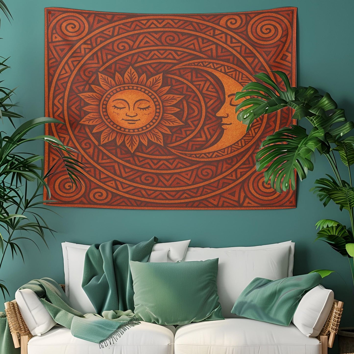 Sun and Moon Tapestry Wall Hanging – Tribal Celestial Boho Decor with Smiling Faces and Swirled Earthy Orange Geometric Mandala Design