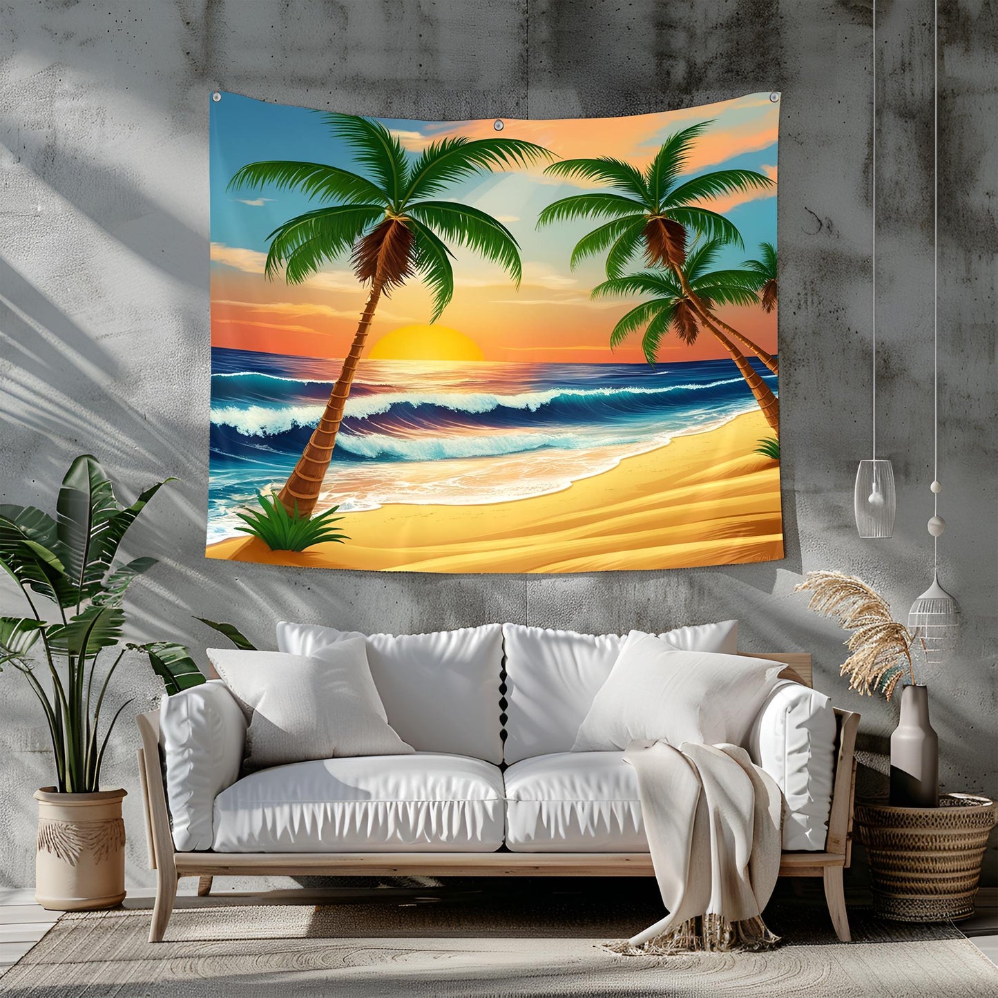 Tropical Beach Sunset Tapestry, Coconut Palm Trees & Golden Sand, Deep Blue Ocean Waves with Gentle Breeze, Warm Orange Sky Wall Art