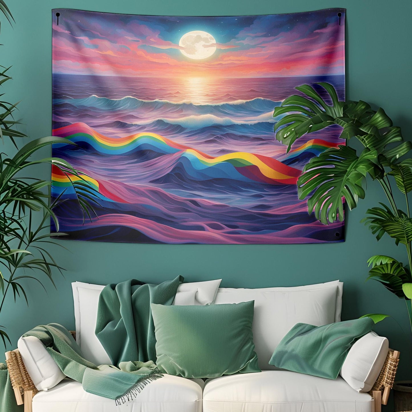 Surreal Rainbow Ocean Tapestry - LGBT Pride Wall Hanging - Dreamy Moonlit Sea Waves - Colorful Aesthetic Room Decor - LGBT Gift