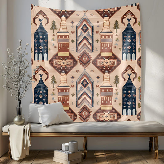 Cappadocia Turkish Tapestry, Fairy Chimneys Wall Hanging, Anatolian Rug Pattern Decor, Dusty Rose Terracotta Deep Blue Art