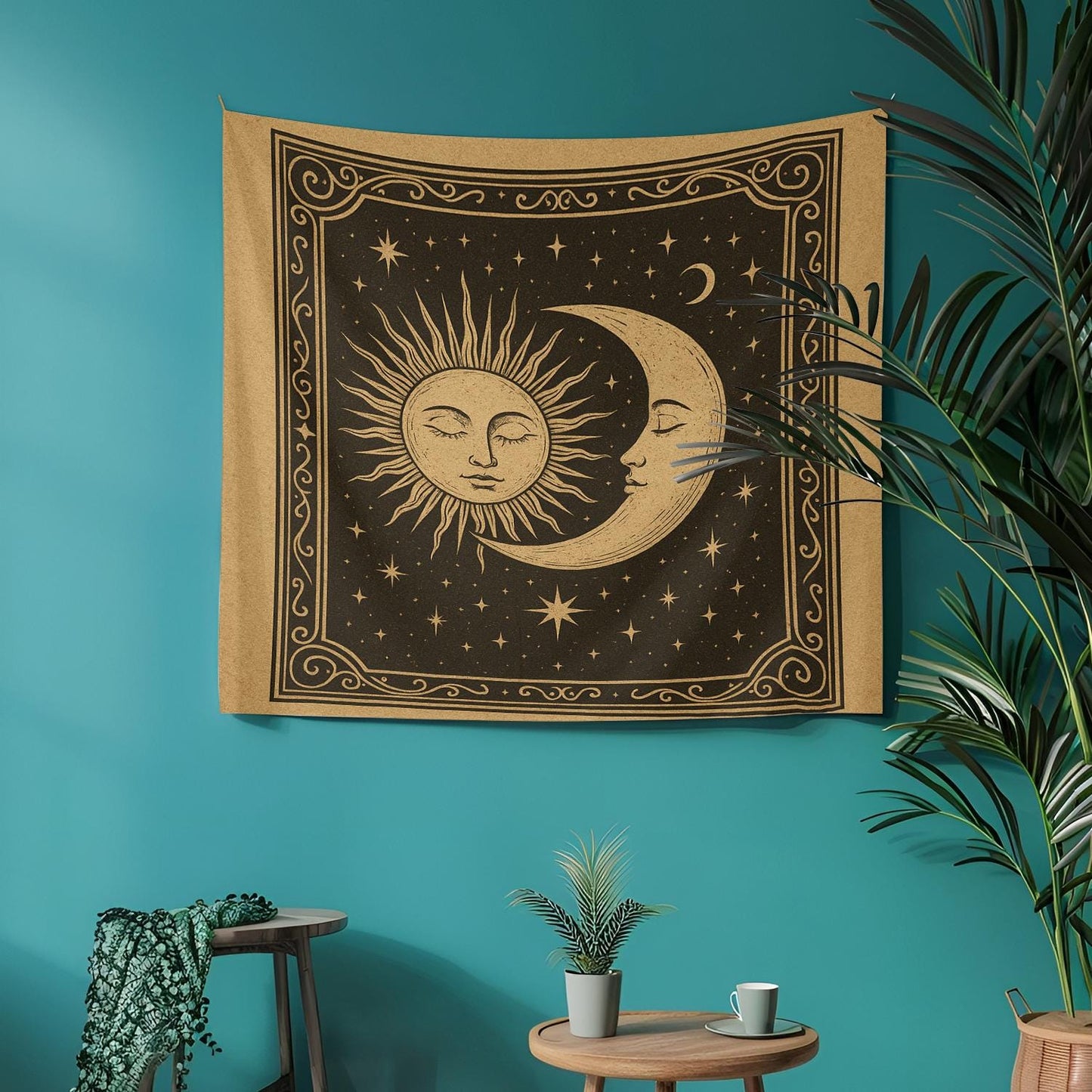 Vintage Celestial Sun and Moon Tapestry Wall Hanging – Boho Cosmic Wall Art with Stars and Retro Astrology-Inspired Space Design