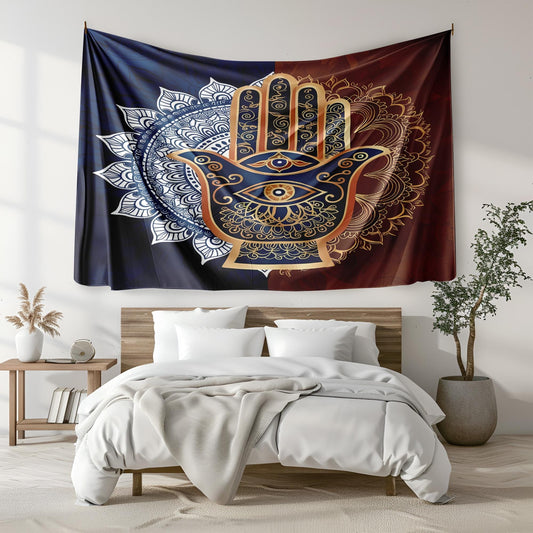 Mystical Hamsa Hand Mandala Tapestry, Indian Spiritual Wall Hanging, Deep Blue Gold Terracotta Boho Decor, Protective Eye Design