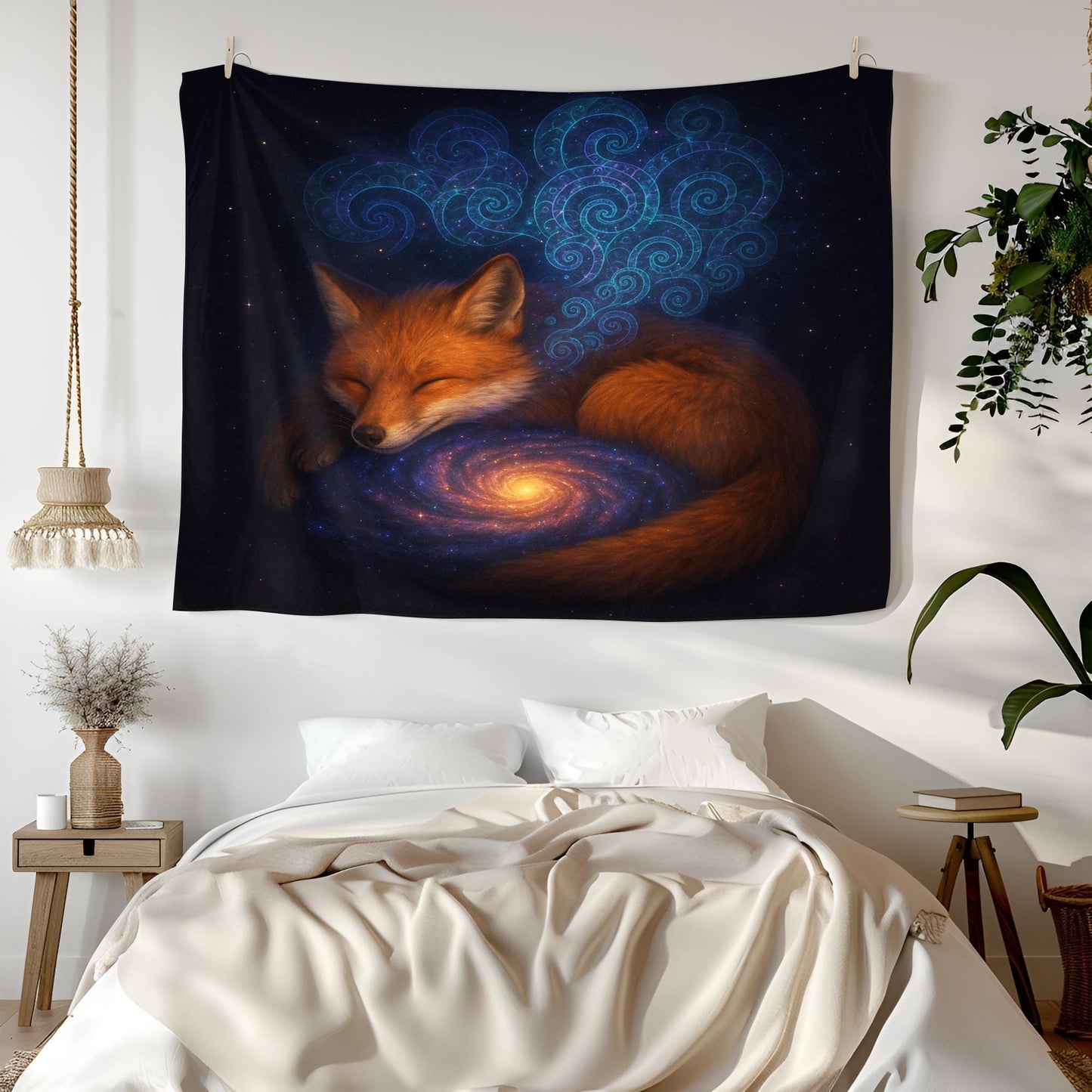 Sleeping Fox Galaxy Wall Tapestry, Mystical Animal and Universe Art Print, Dreamy Celestial Decor for Boho Bedroom or Meditation Space