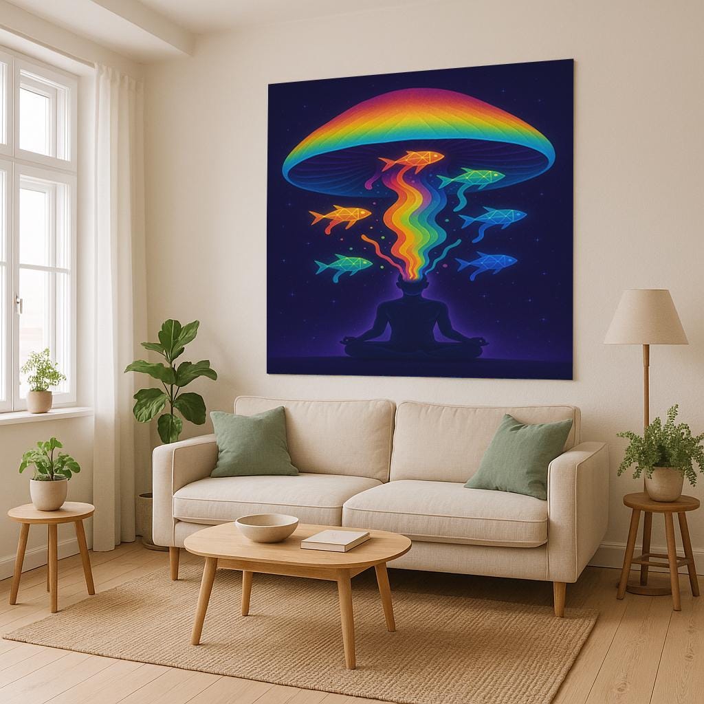 Psychedelic Meditation Tapestry, Rainbow Mind Art, Trippy Wall Decor, Spiritual Room Accent, Boho Visionary Print, Zen Fish Banner