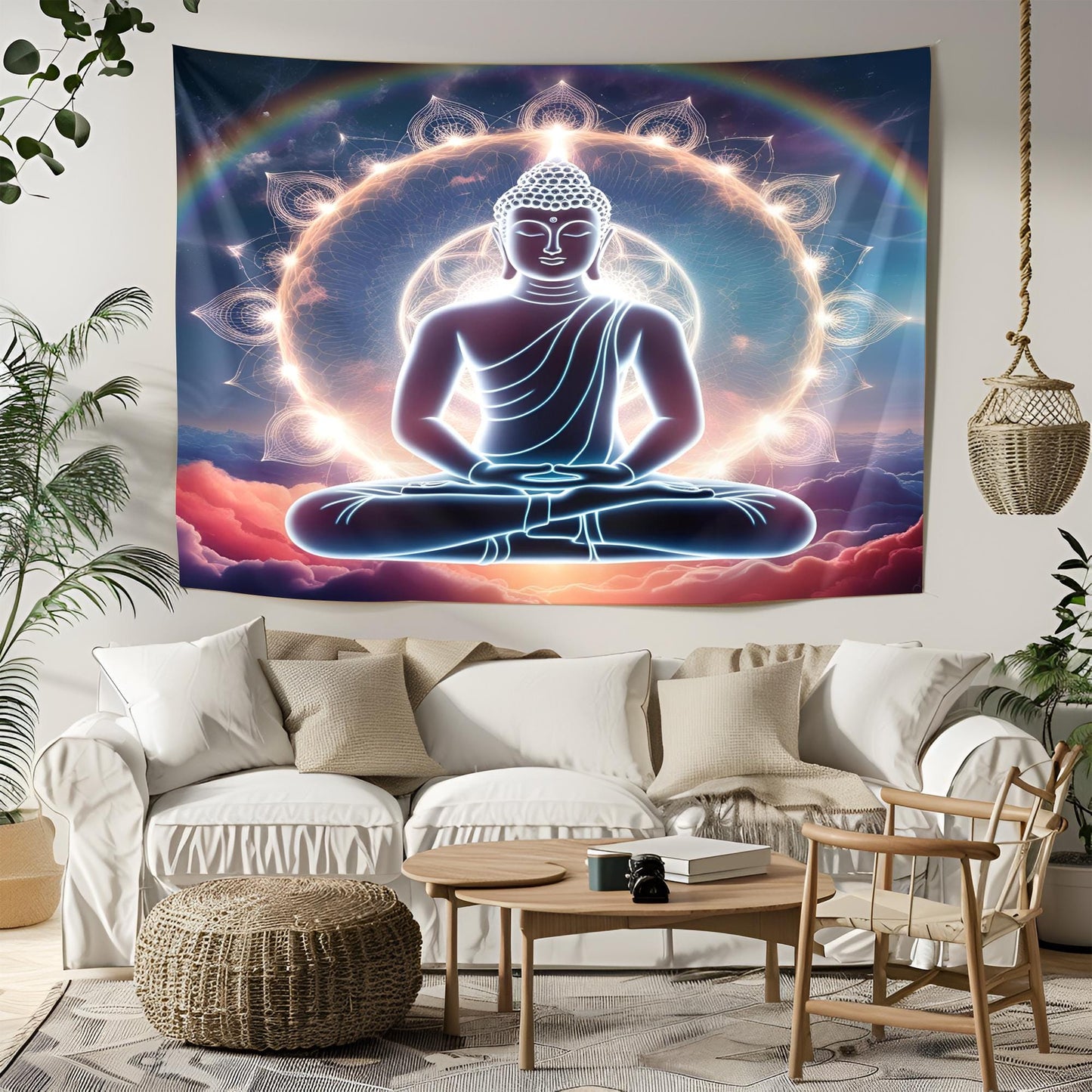 Glowing Buddha Tapestry, Surreal Dreamscape Meditation Art, Rainbow Aura & Sacred Geometry, Cosmic Spiritual Decor, Trippy Decor Tapestry