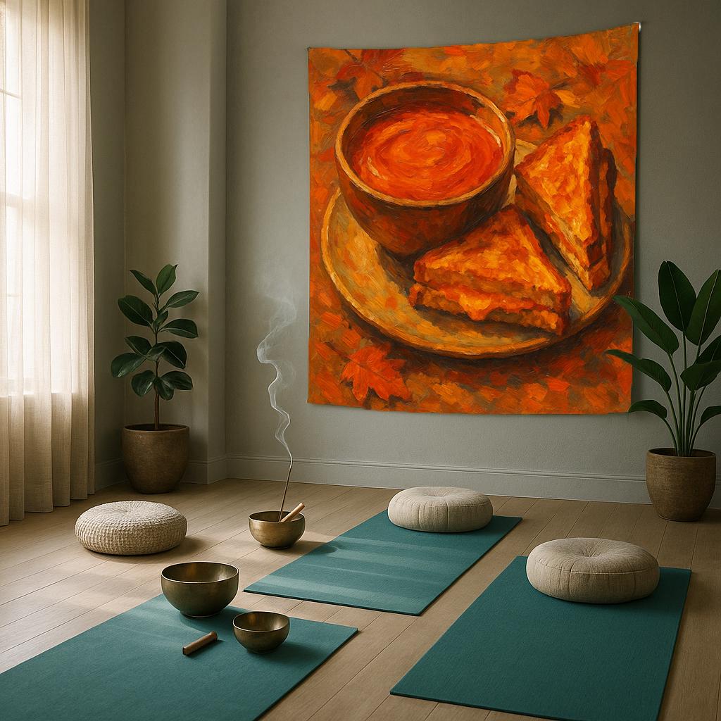 Grilled Cheese and Tomato Soup Wall Tapestry, Cozy Comfort Food Art Print with Autumn Leaves, Warm Kitchen or Dining Room Decor Piece
