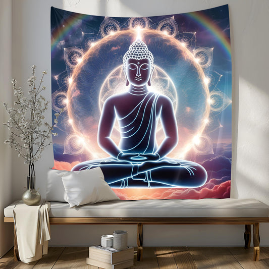 Glowing Buddha Tapestry, Surreal Dreamscape Meditation Art, Rainbow Aura & Sacred Geometry, Cosmic Spiritual Decor, Trippy Decor Tapestry