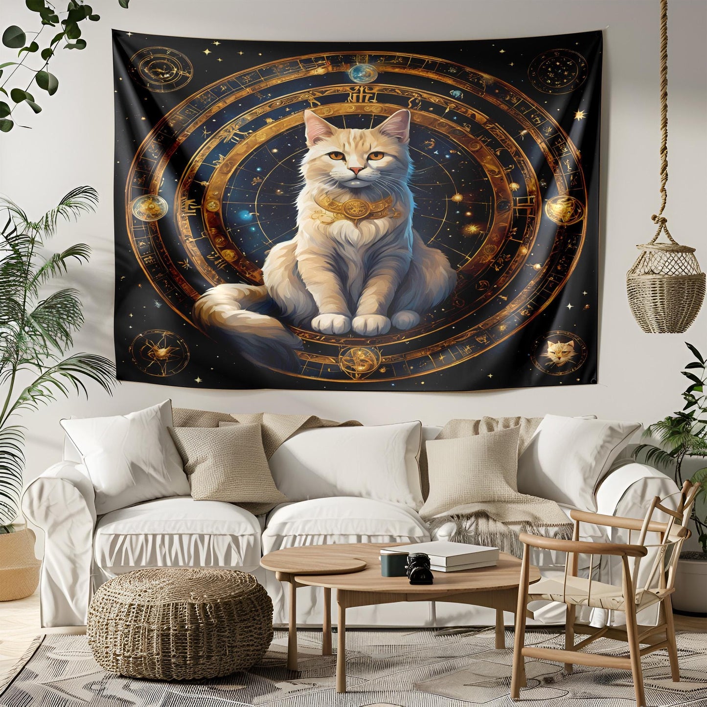 Zodiac Circle Cat Tapestry - Astrological Feline Wall Hanging - Celestial Cosmic Decor - Mystic Astrology Art - Witchy Home Decor