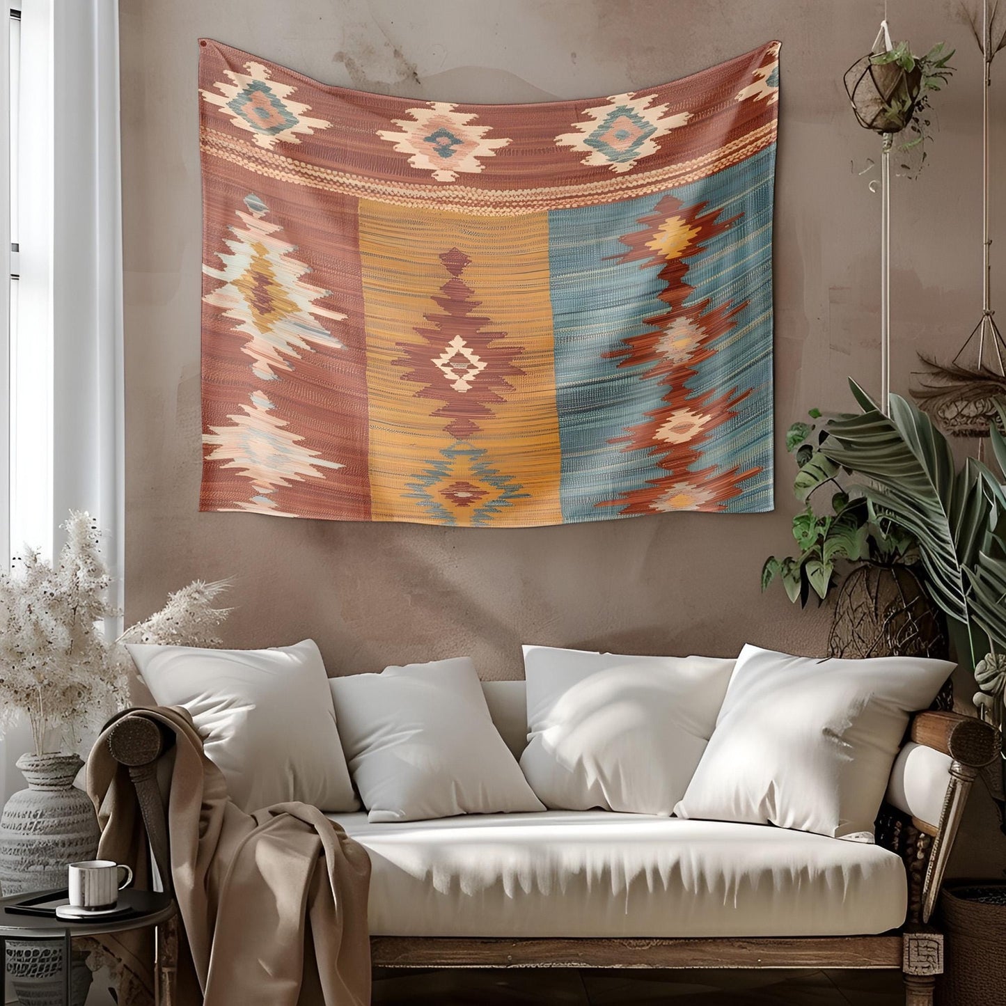 Peaceful Anatolian Kilim Tapestry, Rustic Boho Wall Hanging, Soft Woven Texture Decor, Terracotta Mustard Faded Teal Art, Bohemian Tapestry
