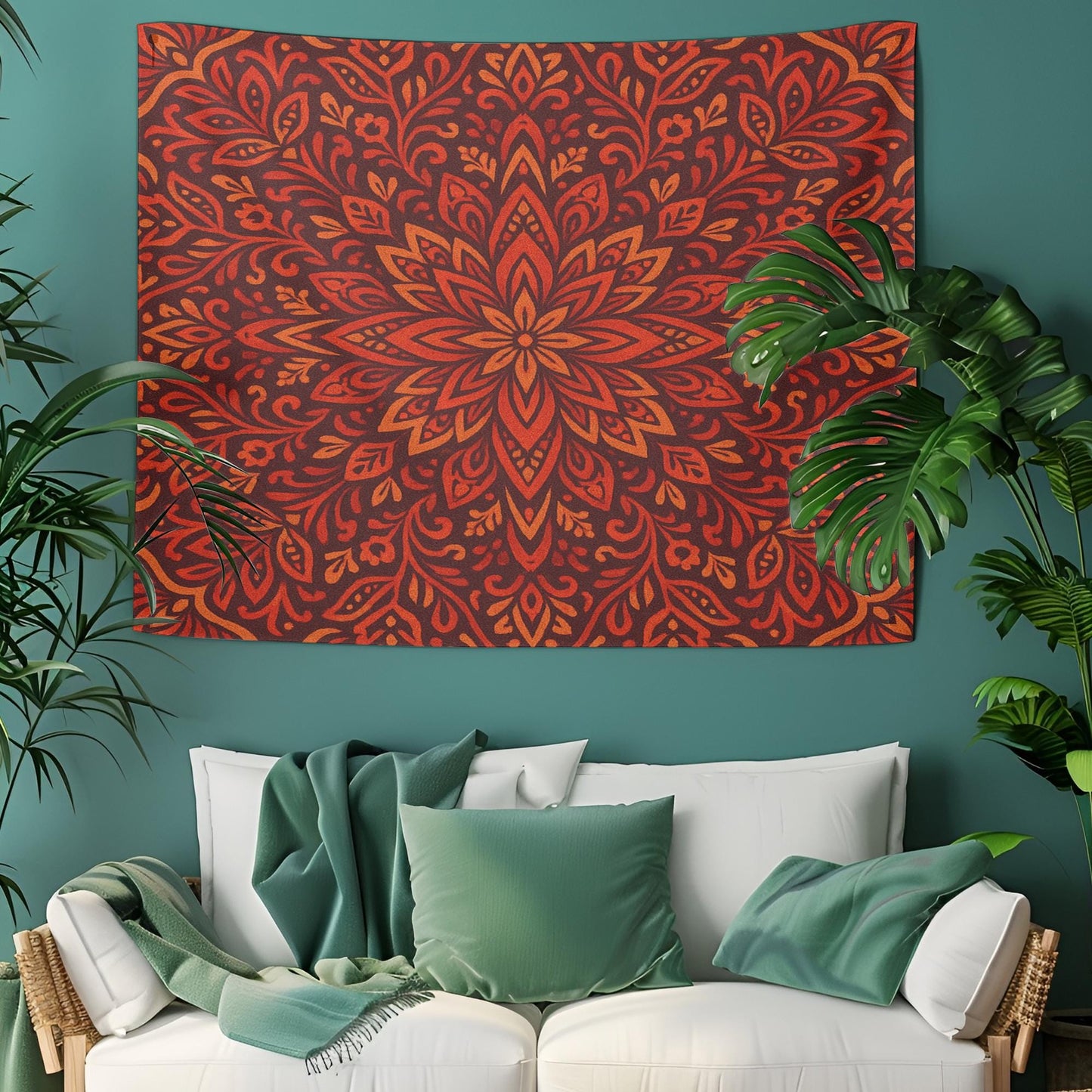 Red and Orange Boho Mandala Tapestry – Vibrant Floral Wall Hanging for Living Room or Dorm, Ethnic Spiritual Room Decor with Warm Tones