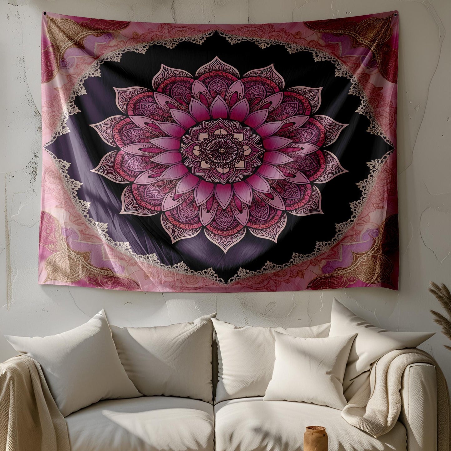 Bohemian Lotus Flower Mandala Tapestry, Intricate Paisley and Geometric Wall Hanging, Lace Inspired Pink Purple Gold Home Decor