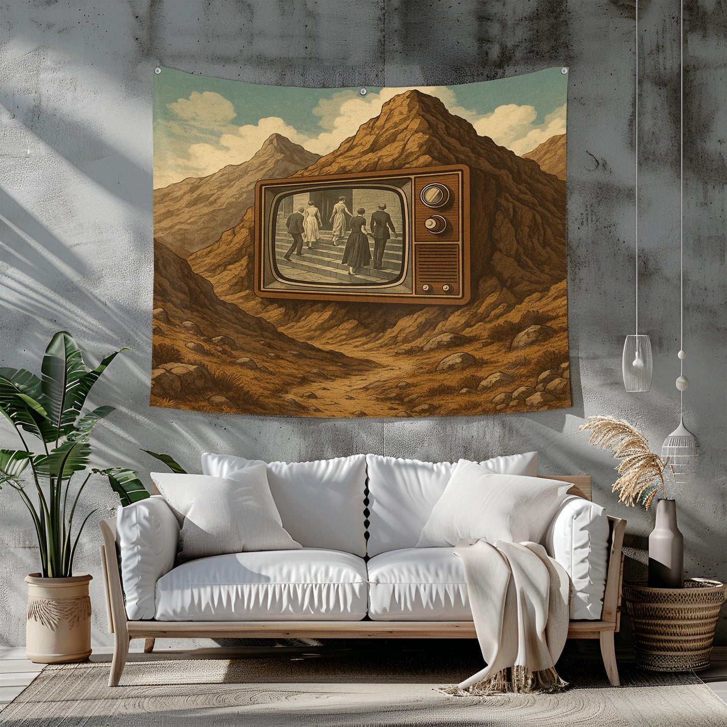 Vintage TV In Mountain Tapestry, Surreal Black And White Film Scene Playing Backwards In Time, Retro Dreamscape Wall Art, Gift For Him
