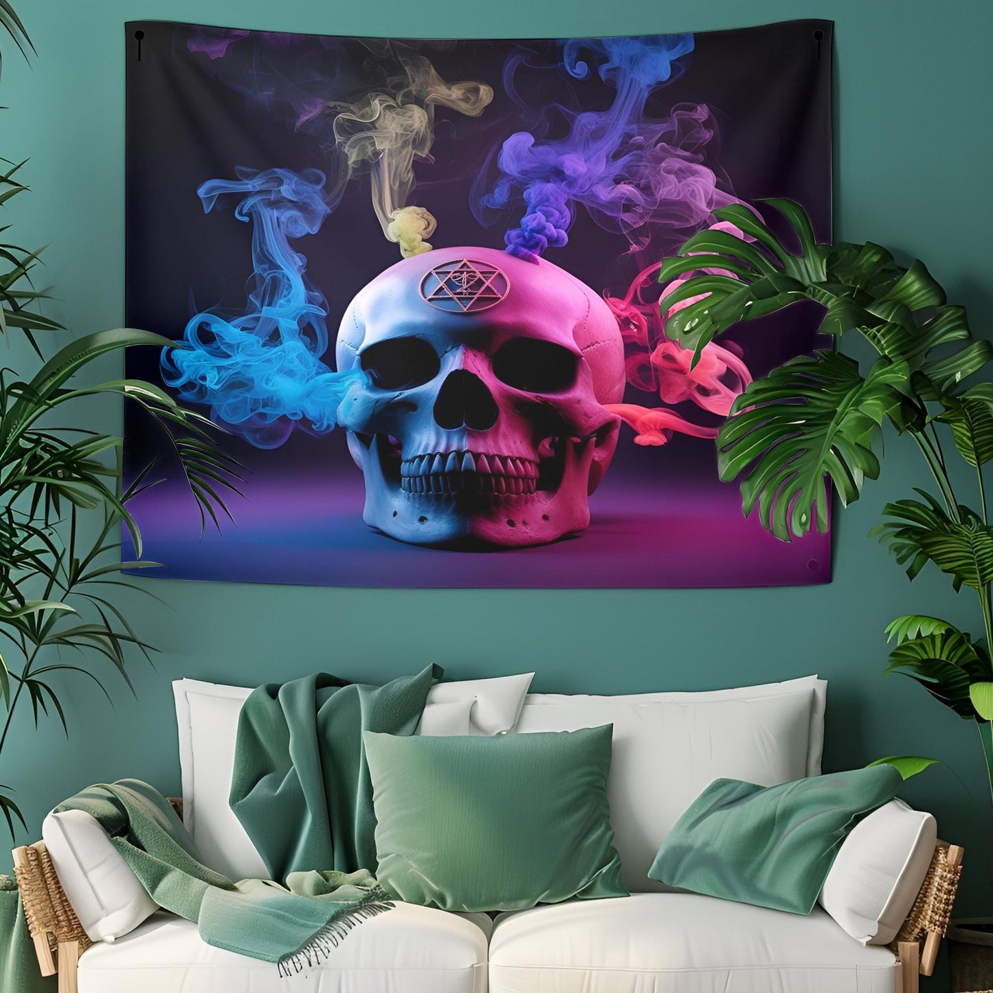 Mystical Skull Tapestry, Neon Smoke & Sacred Symbols, Dark Surreal Wall Art, Hyper-Detailed Psychedelic Decor, Trippy Wall Decoration