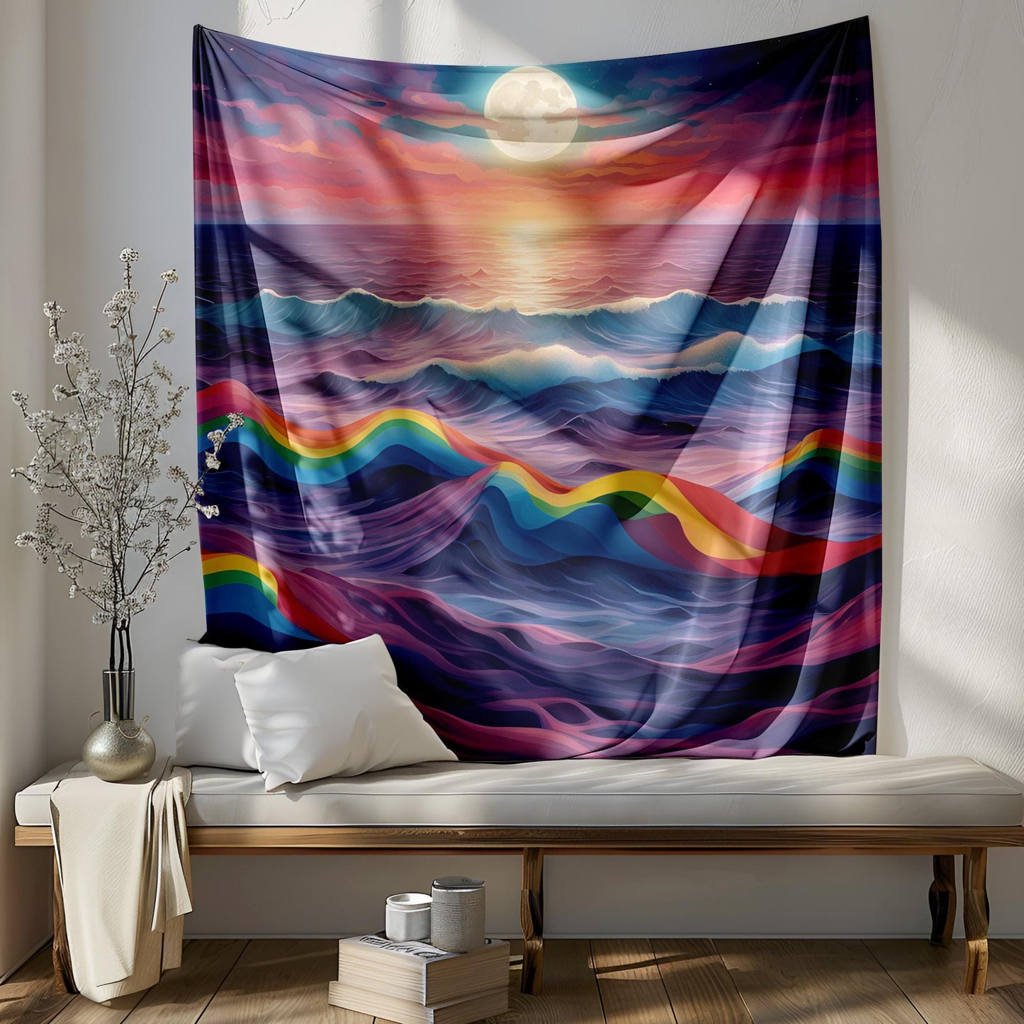 Surreal Rainbow Ocean Tapestry - LGBT Pride Wall Hanging - Dreamy Moonlit Sea Waves - Colorful Aesthetic Room Decor - LGBT Gift