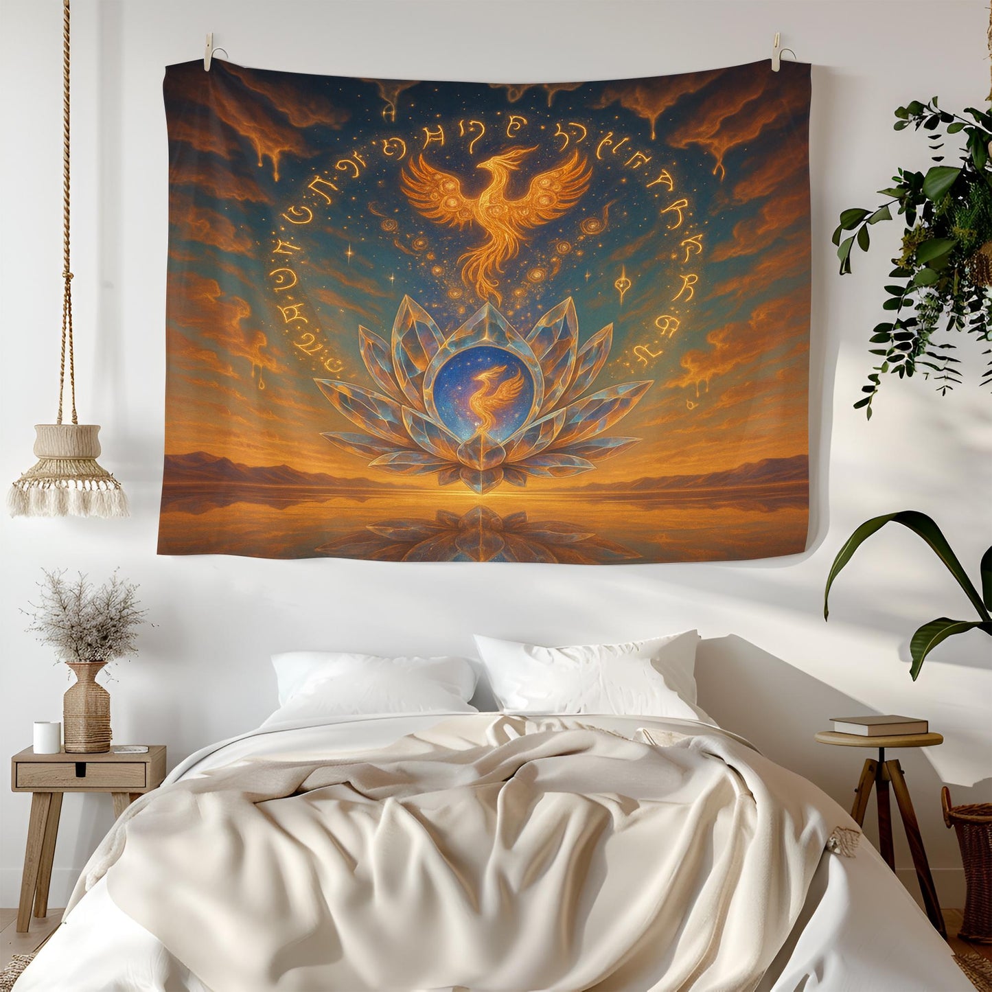 Phoenix Lotus Tapestry – Spiritual Rebirth Wall Art, Crystal Flower Sky Scene, Celestial Fire Bird Decor, Mystical Awakening Print