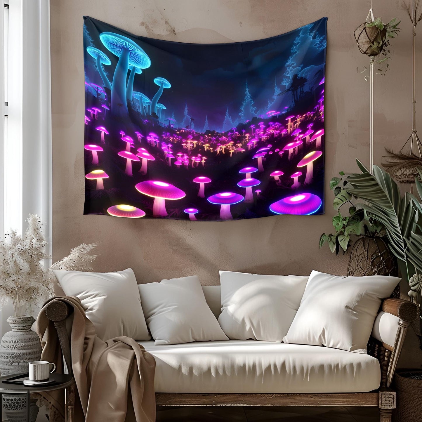 Glowing Bioluminescent Mushroom Forest Tapestry, Neon Fungi Dreamscape, Surreal Fractal Background, Dark Purple Blue Psychedelic Art