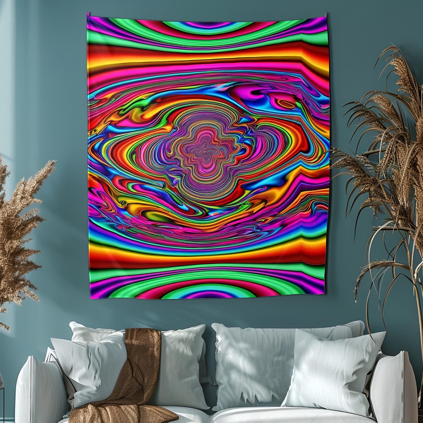Liquid Swirling Neon Landscape Tapestry, Infinite Reflections & Shifting Patterns, Trippy Optical Illusion Psychedelic Mind-Bending Art