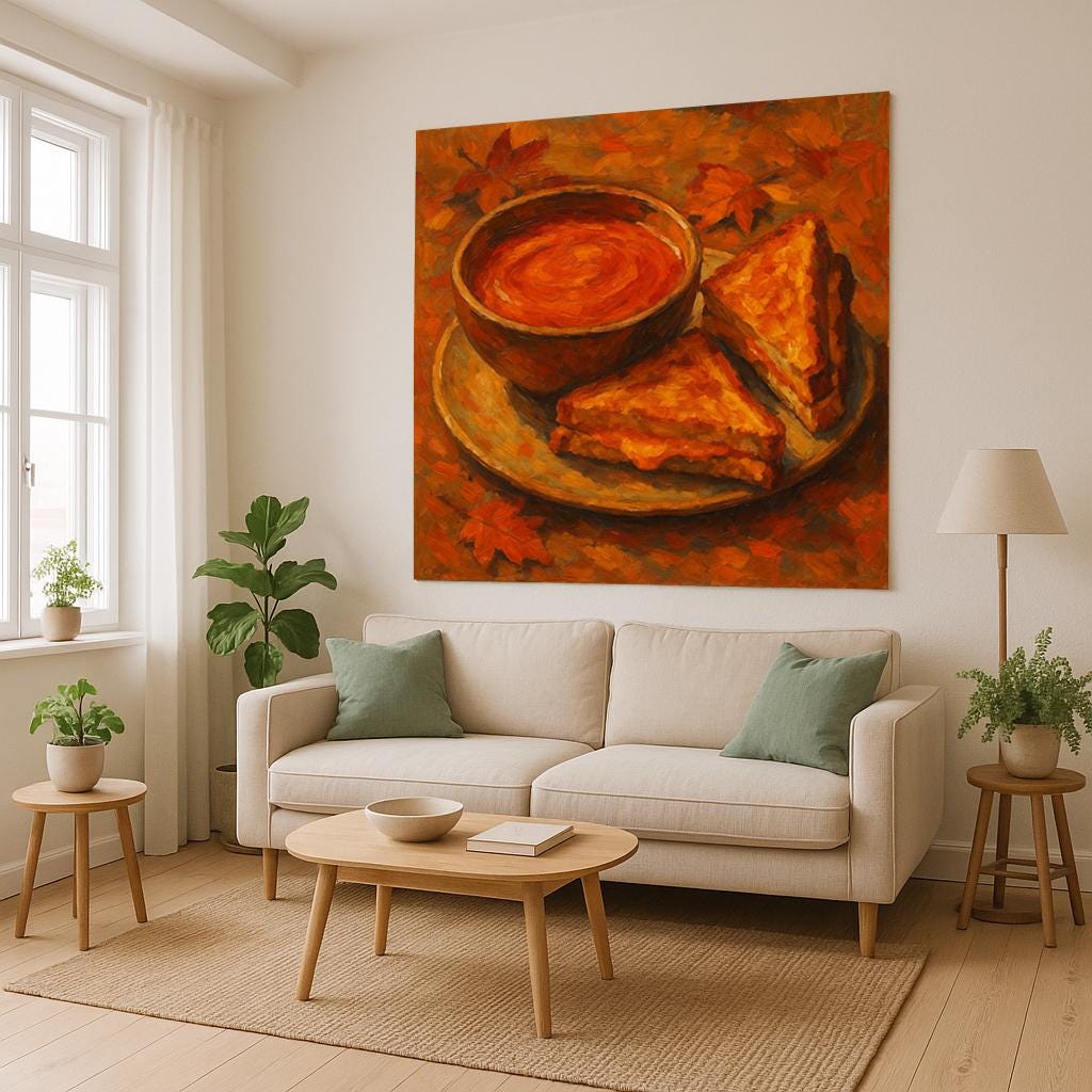 Grilled Cheese and Tomato Soup Wall Tapestry, Cozy Comfort Food Art Print with Autumn Leaves, Warm Kitchen or Dining Room Decor Piece