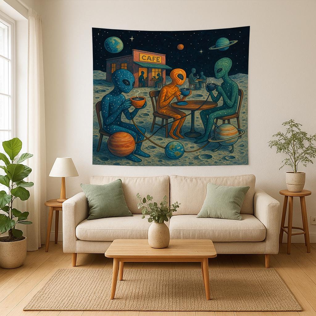 Alien Cafe Wall Tapestry with Space Beings Drinking Coffee on the Moon, Whimsical Outer Space Art for Sci-Fi Bedroom or Dorm Room Decor