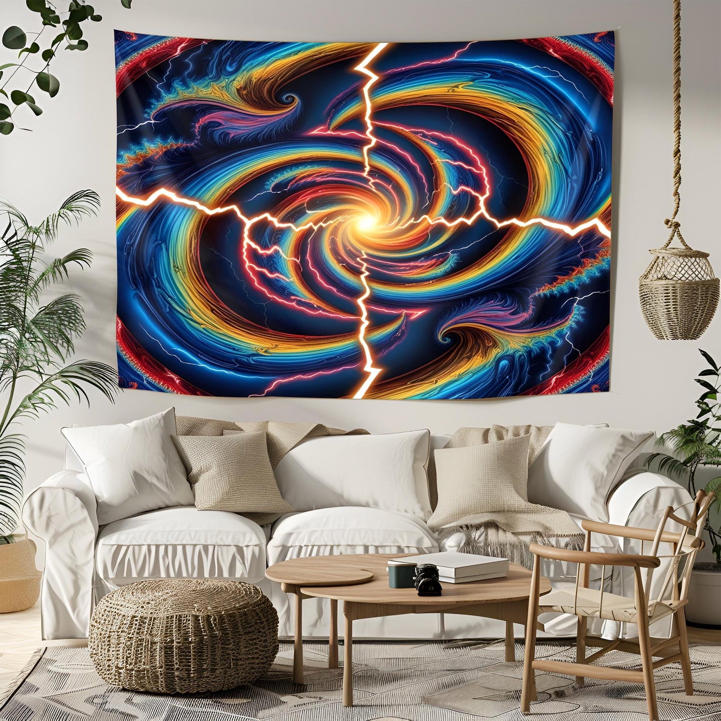 Psychedelic Optical Illusion Tapestry, Swirling Electric Waves, Rainbow Lightning & Hypnotic Fractal Vortex Wall Art