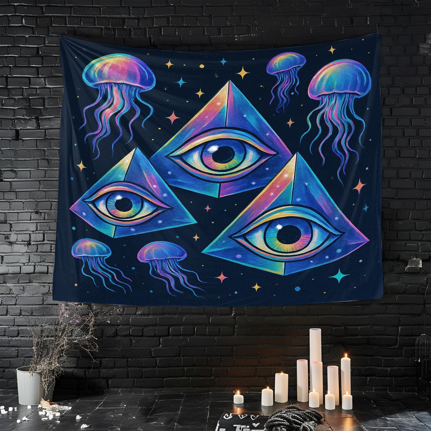Psychedelic Eye Tapestry With Jellyfish, Trippy Third Eye Wall Hanging, Vibrant Dorm Room Decor, Cool Gift For Teens, Gamers Or Artists