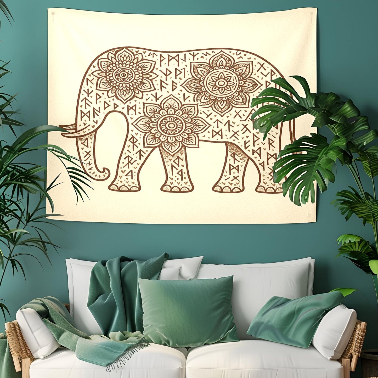 Mandala Elephant Wall Tapestry with Runes on Cream Background – Bohemian Boho Decor for Yoga Room, Bedroom, Meditation and Healing Space