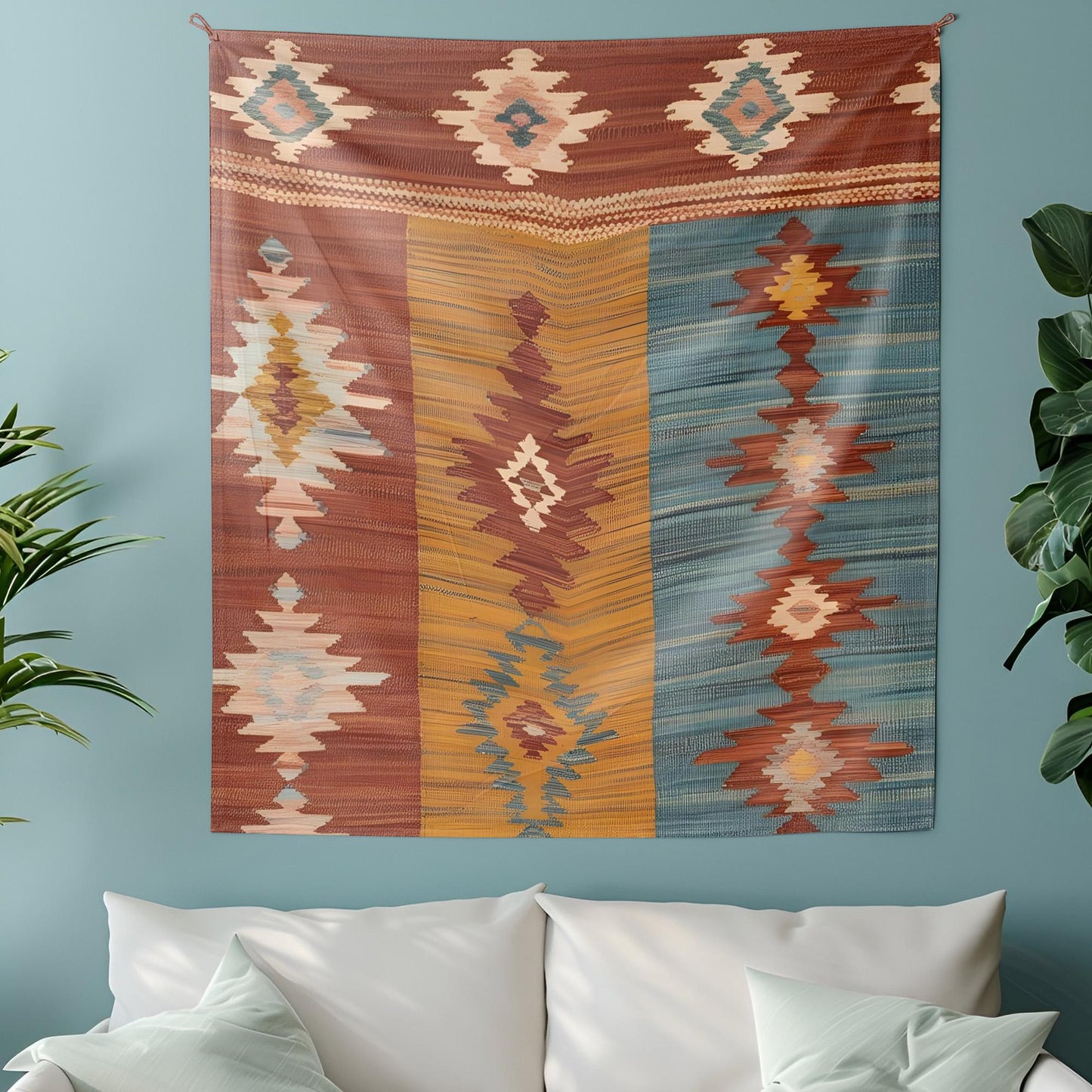Peaceful Anatolian Kilim Tapestry, Rustic Boho Wall Hanging, Soft Woven Texture Decor, Terracotta Mustard Faded Teal Art, Bohemian Tapestry