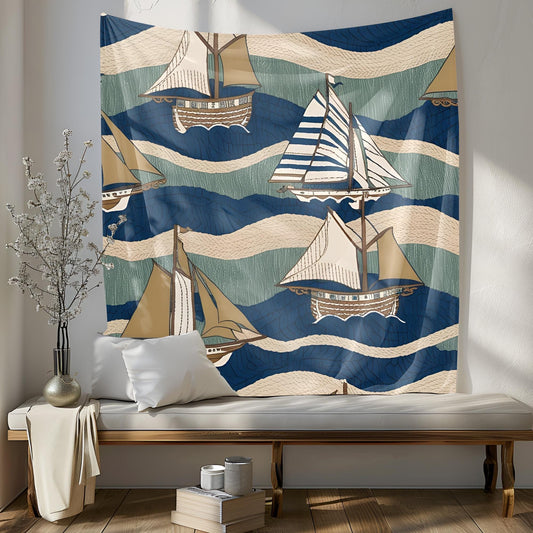 Nautical Sailing Ship Tapestry, Maritime Heritage Wall Art, Deep Blue Seafoam Green Sandy Beige Decor, Vintage Wave Pattern