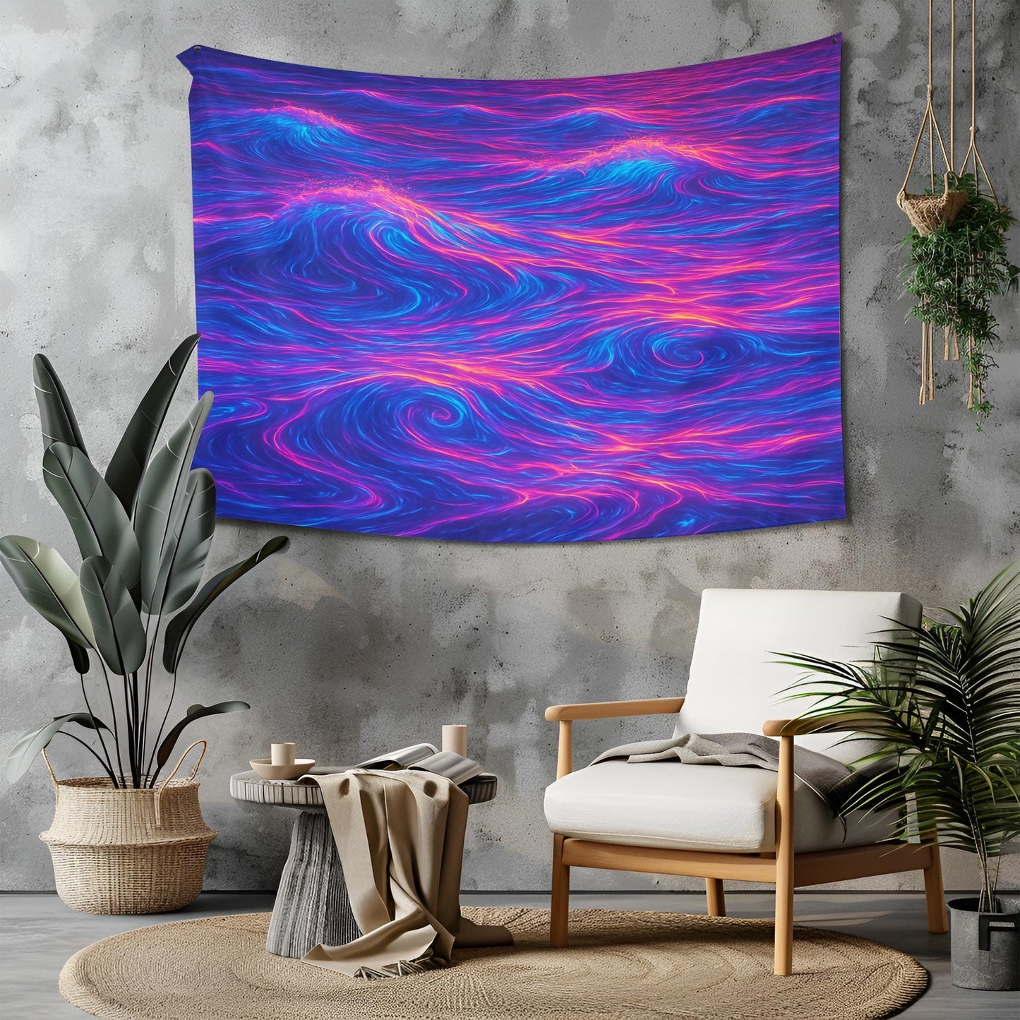 Neon Ocean Light Tapestry, Glowing Waves In Blue Purple Pink With Bioluminescent Foam, Surreal Dreamscape Wall Art, Gift For Her Or Him