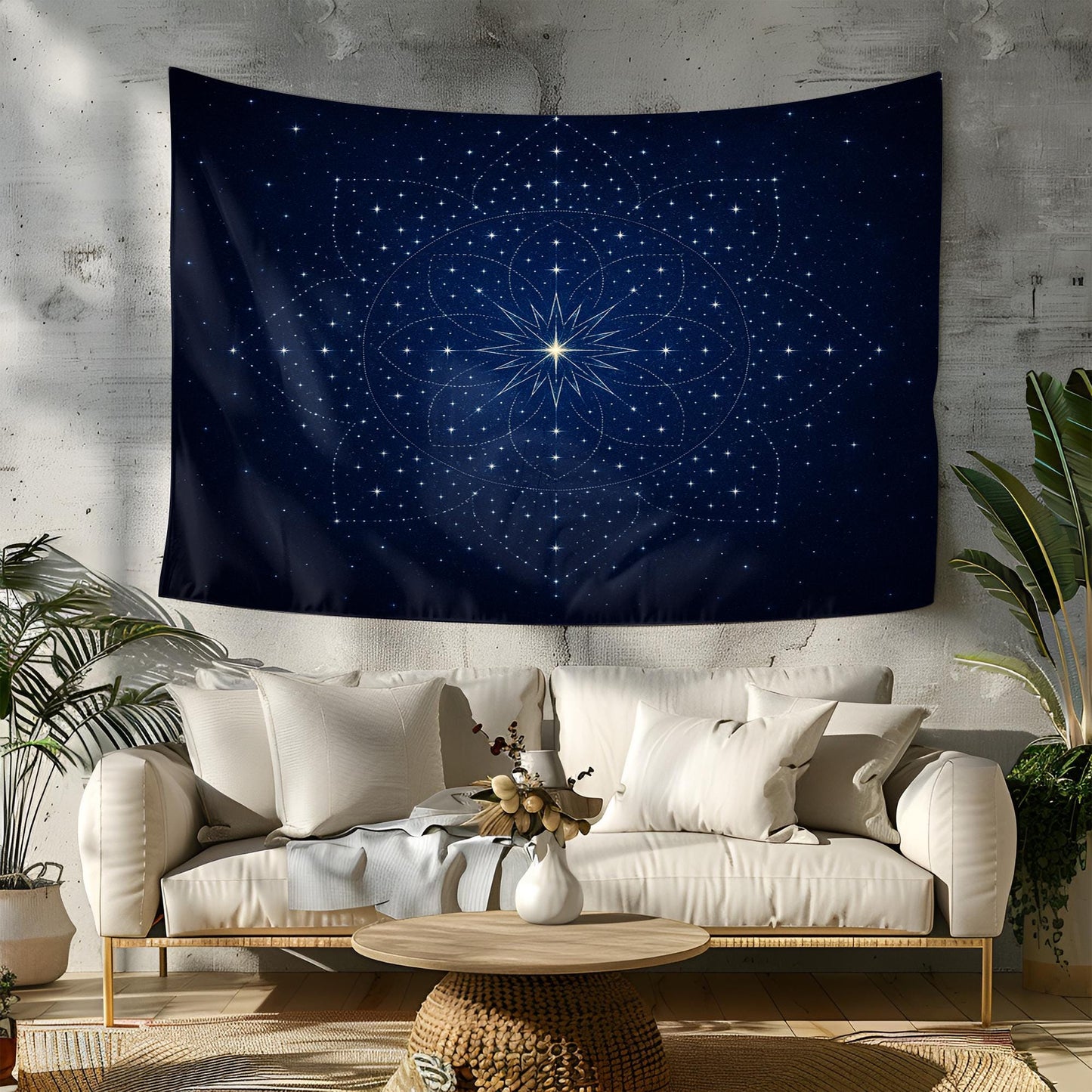 Mystical Star Mandala Wall Tapestry with Cosmic Night Sky Design – Deep Blue Celestial Wall Art for Spiritual Meditation or Boho Décor