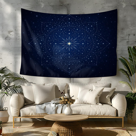 Mystical Star Mandala Wall Tapestry with Cosmic Night Sky Design – Deep Blue Celestial Wall Art for Spiritual Meditation or Boho Décor