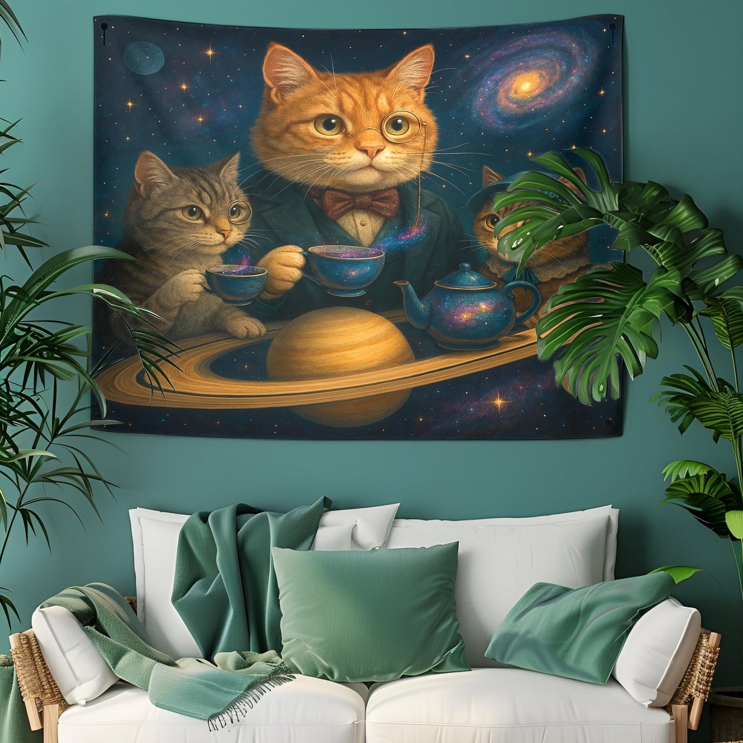 Galaxy Cat Tapestry Wall Hanging, Whimsical Space Tea Party Art, Astronaut Cat Decor For Bedroom Or Living Room, Gift For Cat Lovers 50"x60"