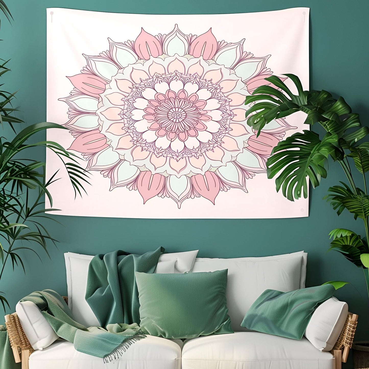 Delicate Floral Mandala Tapestry, Symmetrical Lotus Petals & Soft Pastel Tones, Calming Aesthetic with Intricate Botanical Patterns