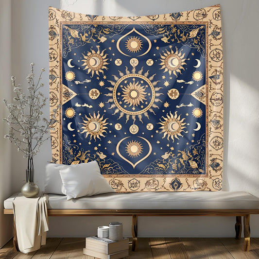 Celestial Sun & Moon Tapestry, Mystical Anatolian Wall Hanging, Deep Blue Beige Gold Decor, Ancient Sacred Patterns , Tapestry For Room